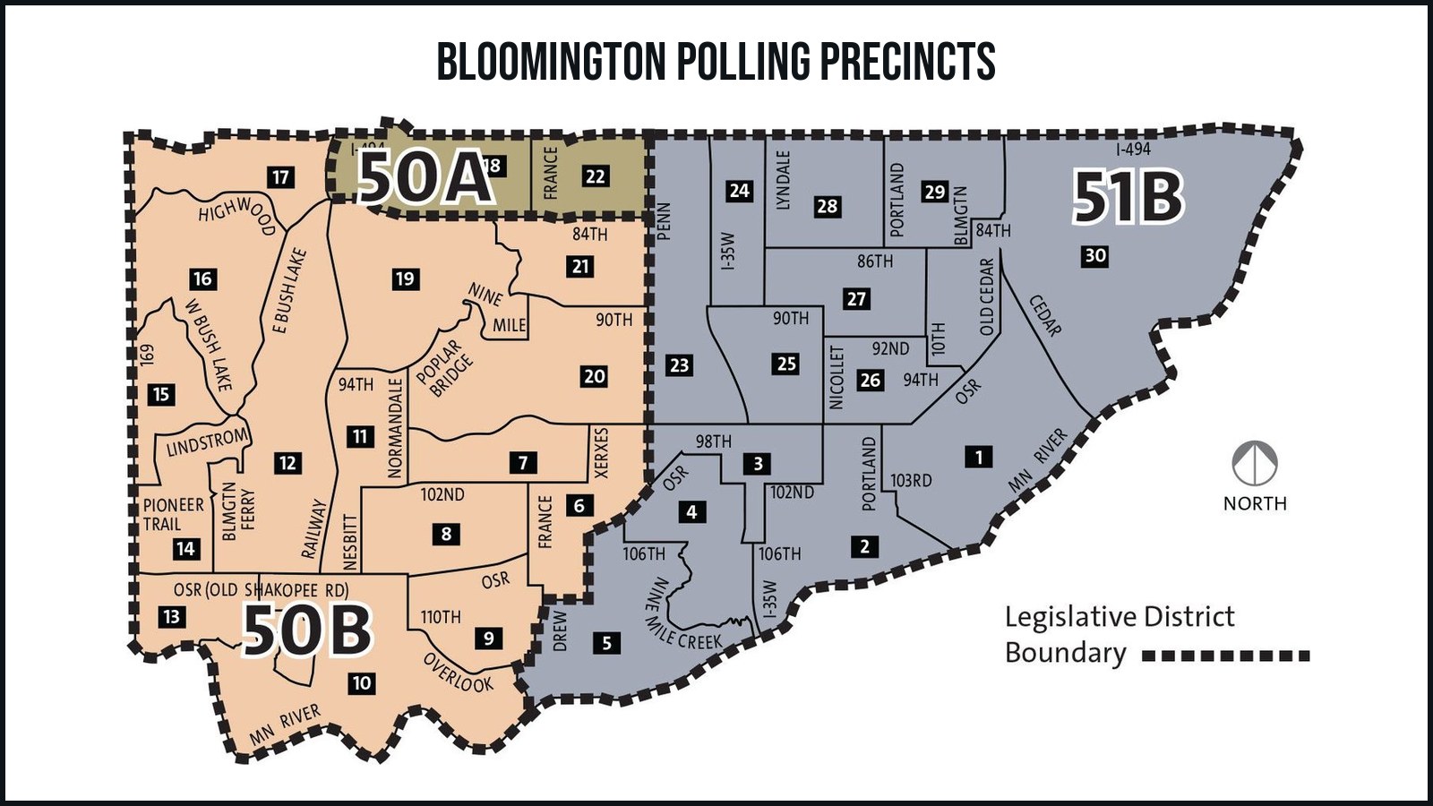 Map of Bloomington's 30 precincts and its three Minnesota House districts: 50A, 50B and 51B
